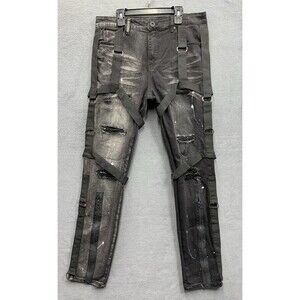 ZCL Mens Denim Jeans Paint Splatter Distressed Harness Straps Black Size 32X31